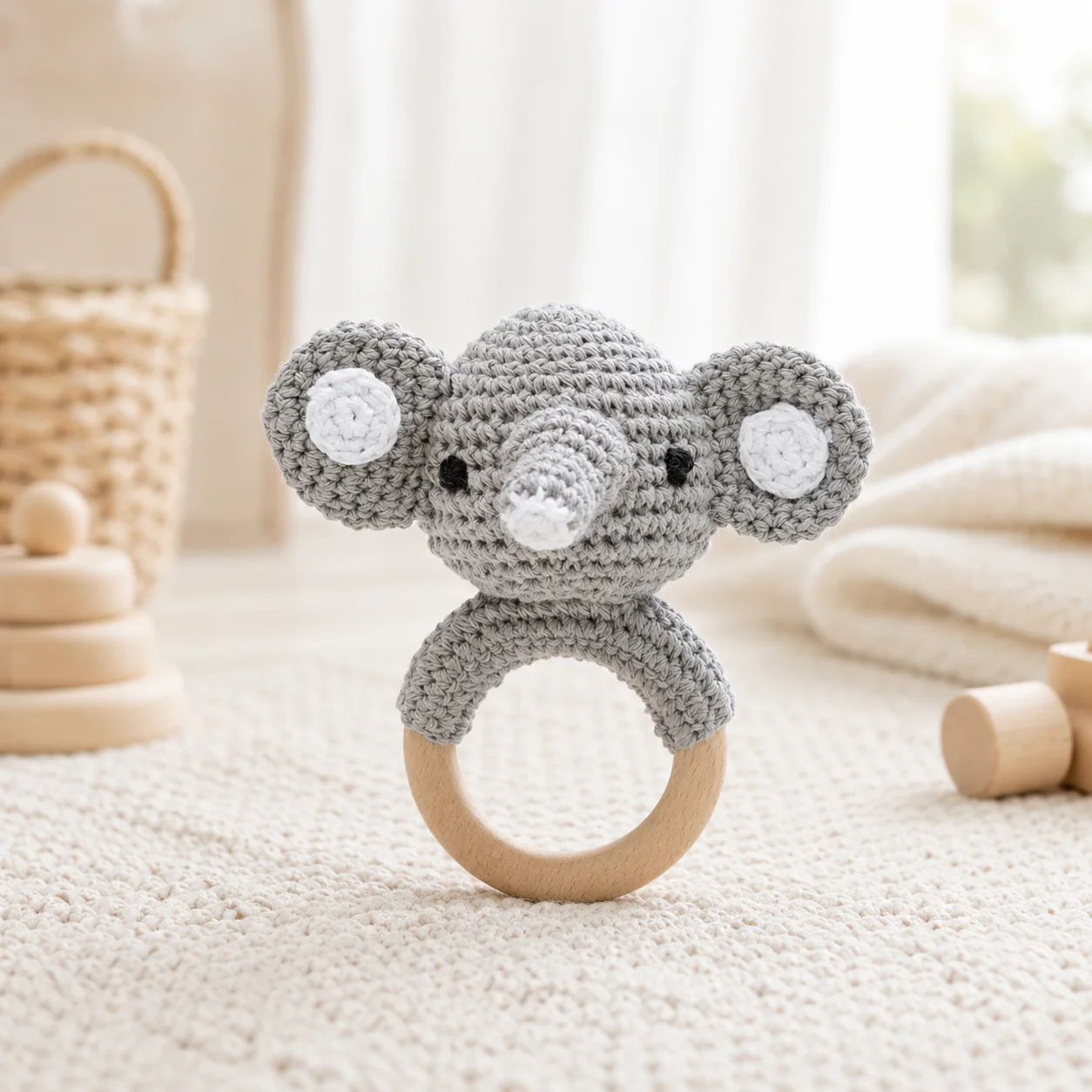 Crochet Animal Baby Rattle – Wooden Ring Teether & Newborn Sensory Toy