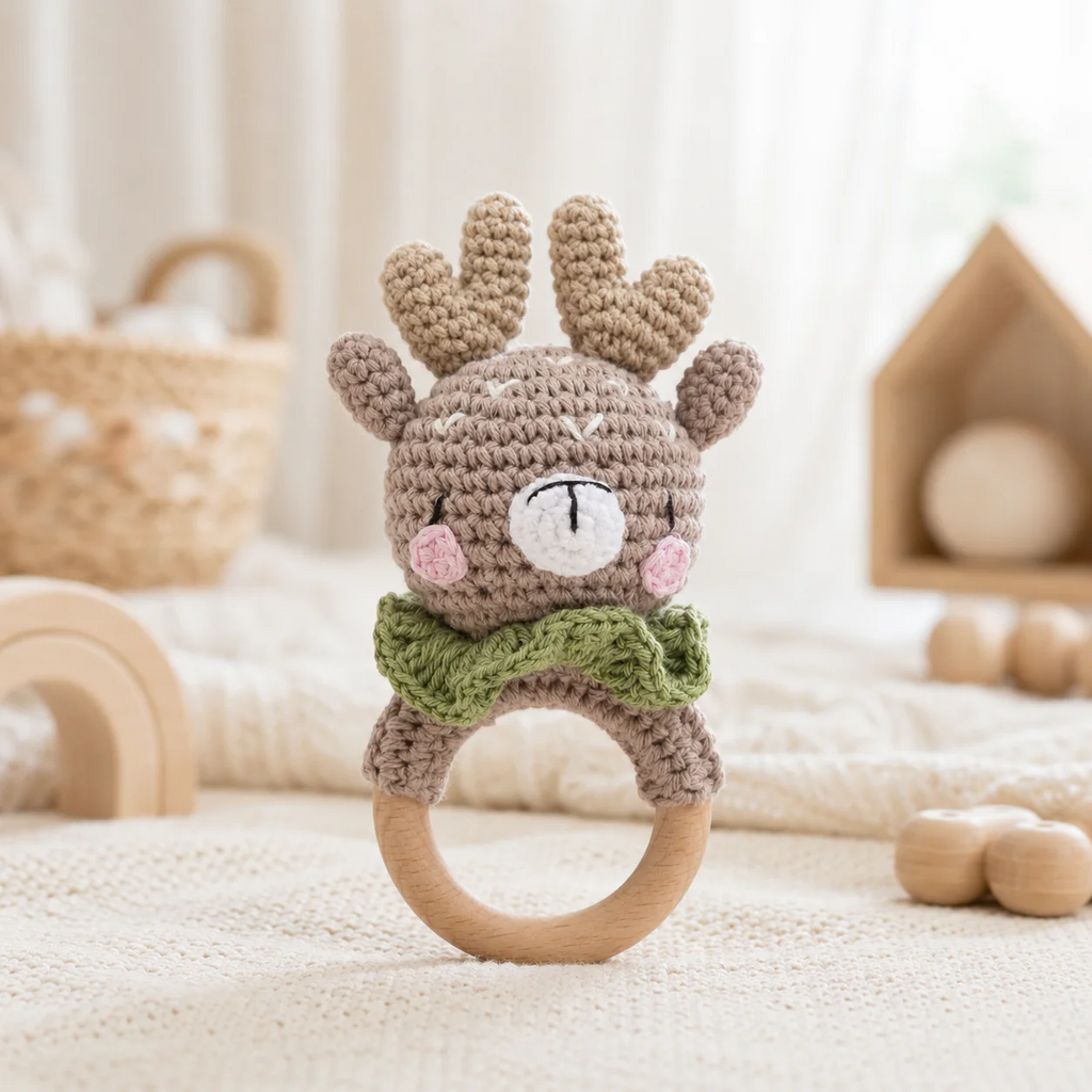 Crochet Animal Baby Rattle – Wooden Ring Teether & Newborn Sensory Toy