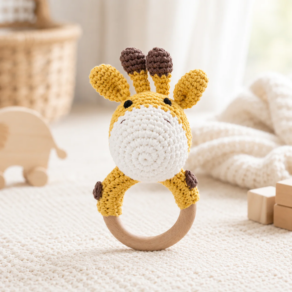 Crochet Animal Baby Rattle – Wooden Ring Teether & Newborn Sensory Toy
