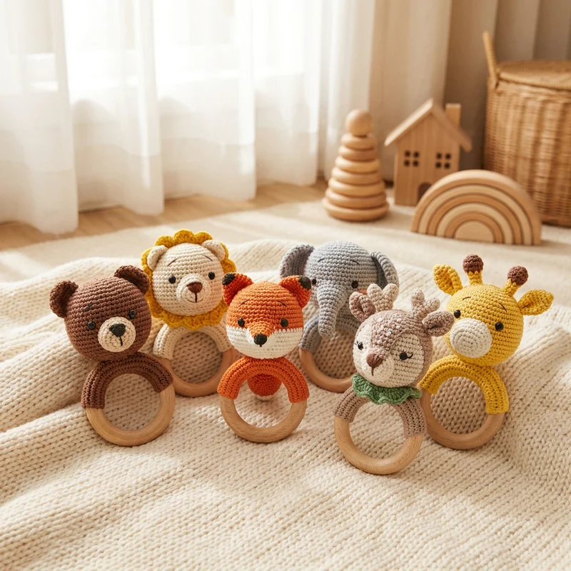 Crochet Animal Baby Rattle – Wooden Ring Teether & Newborn Sensory Toy