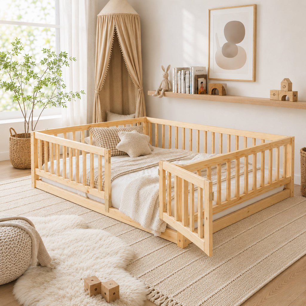 Montessori Floor Bed with Rails & Door – Full Size Oak Kids Bed, in a bright Scandinavian nursery