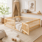 Montessori Floor Bed with Rails & Door – Full Size Oak Kids Bed, in a bright Scandinavian nursery