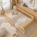 Montessori Floor Bed with Rails & Door – Full Size Oak Kids Bed, elevated lifestyle view