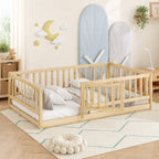 Montessori Floor Bed with Rails & Door – Twin Size Oak Kids Bed, in a bright Scandinavian nursery