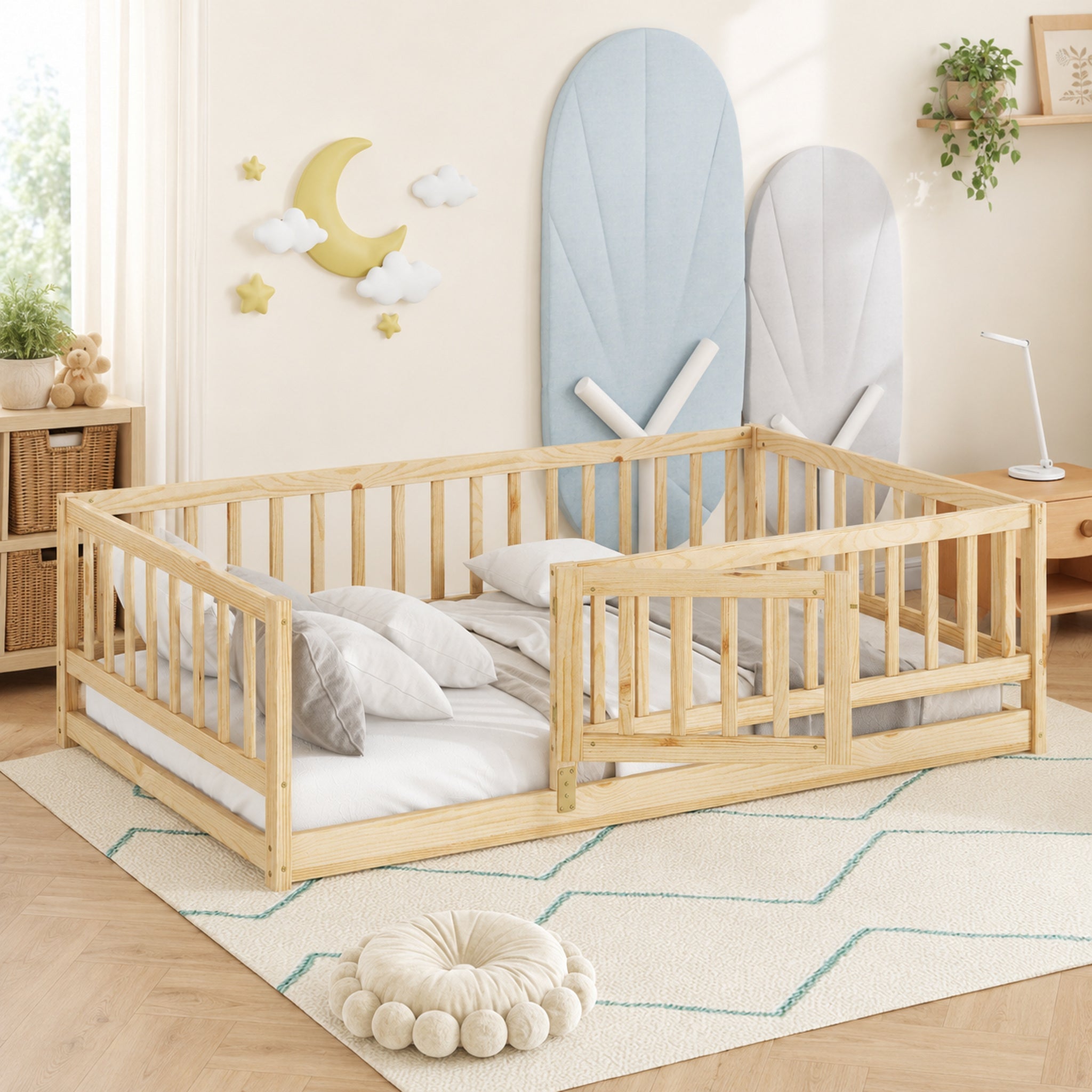 Montessori Floor Bed with Rails & Door – Twin Size Oak Kids Bed, in a bright Scandinavian nursery