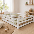 Montessori Floor Bed with Rails – Full Size White Toddler Bed Frame, in a bright Scandinavian nursery