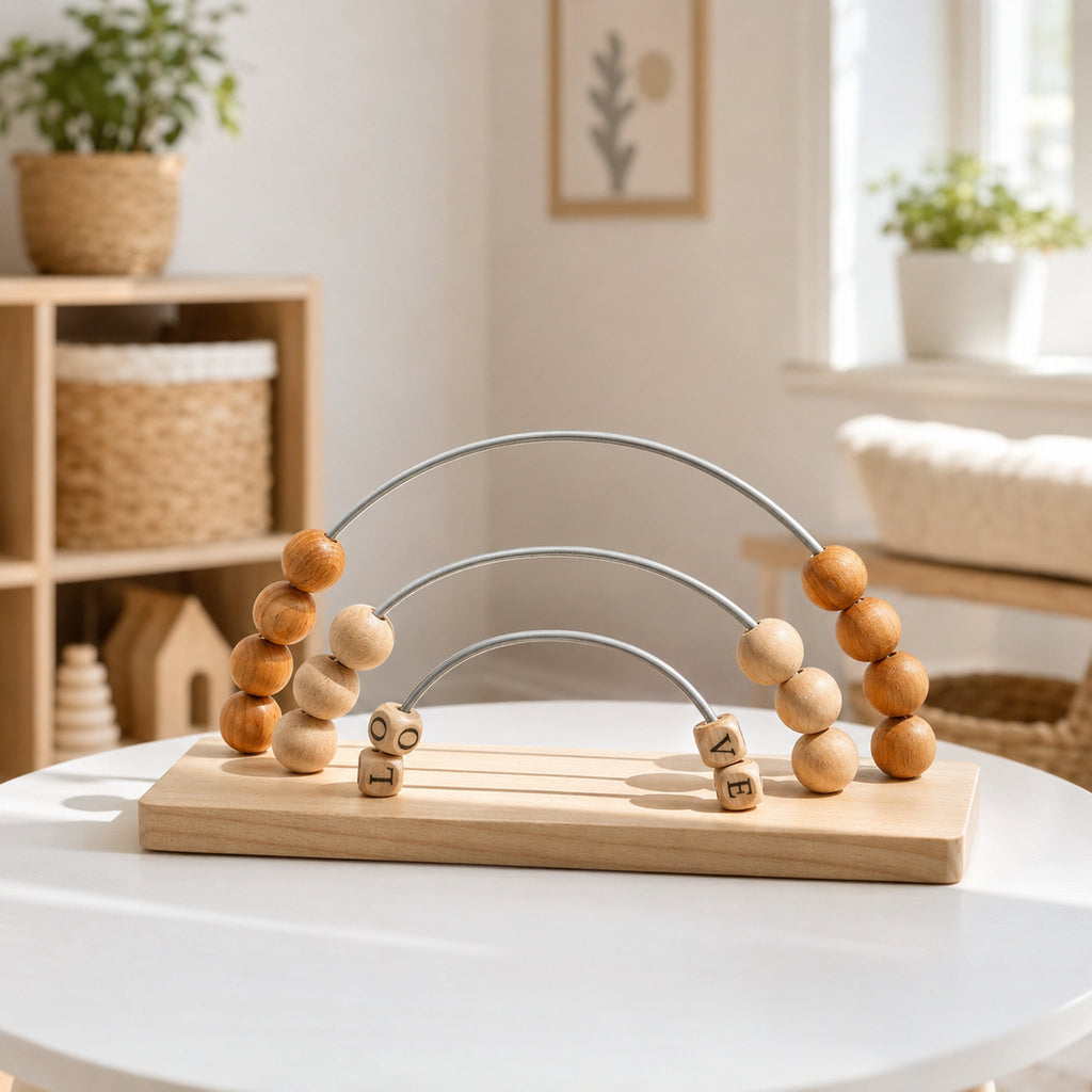 Rainbow Wooden Counting Frame – Montessori Math Learning Toy, in a bright Scandinavian nursery