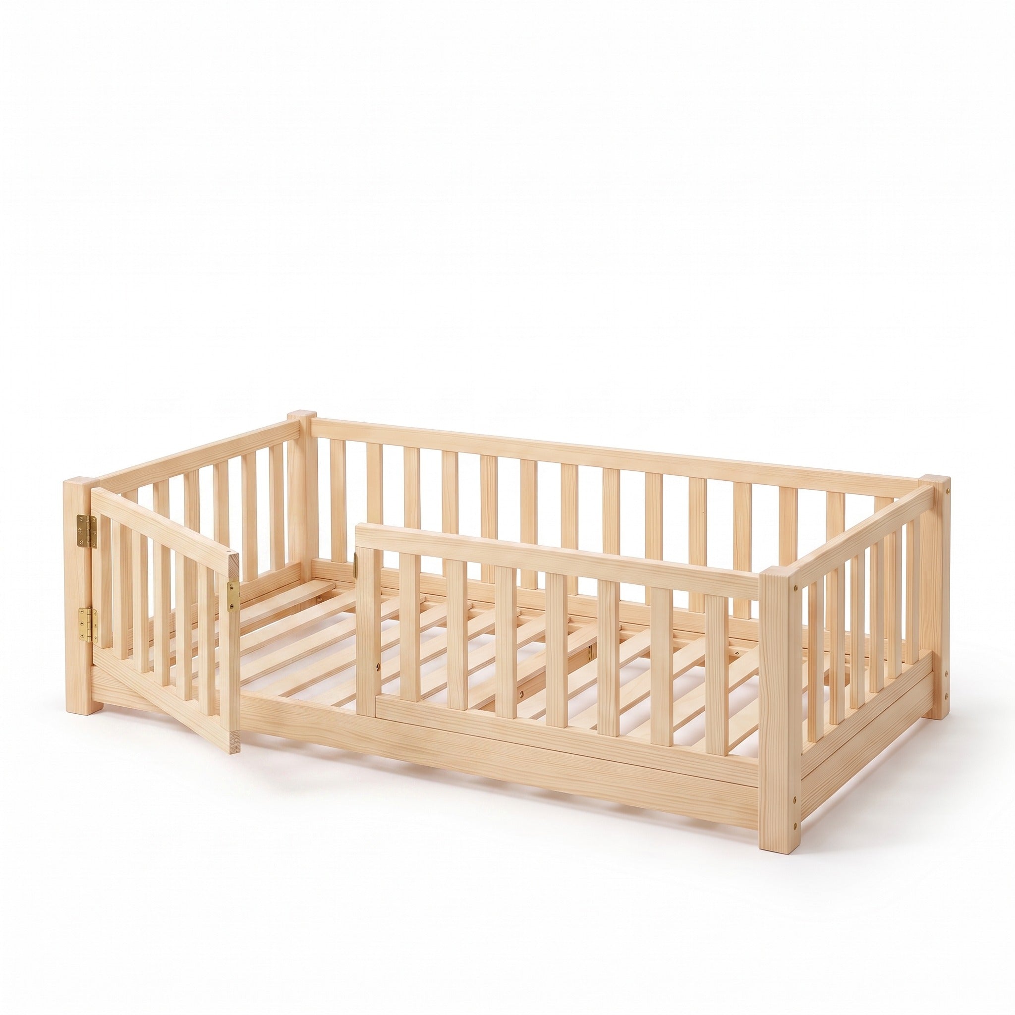 Twin size oak Montessori floor bed with the front-left gate swung open, showing the brass hinges and plywood slats