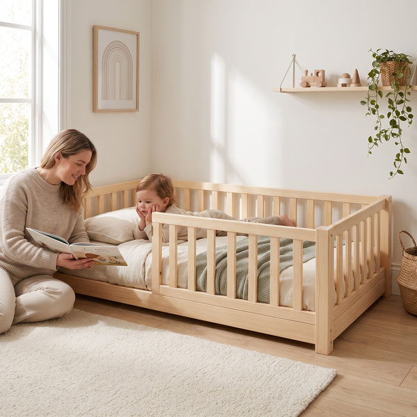 Parent sitting beside the twin size oak Montessori floor bed reading a picture book to their toddler
