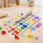 3-in-1 Wooden Matching Board – Colors, Numbers & Shapes Puzzle, in a bright Scandinavian nursery