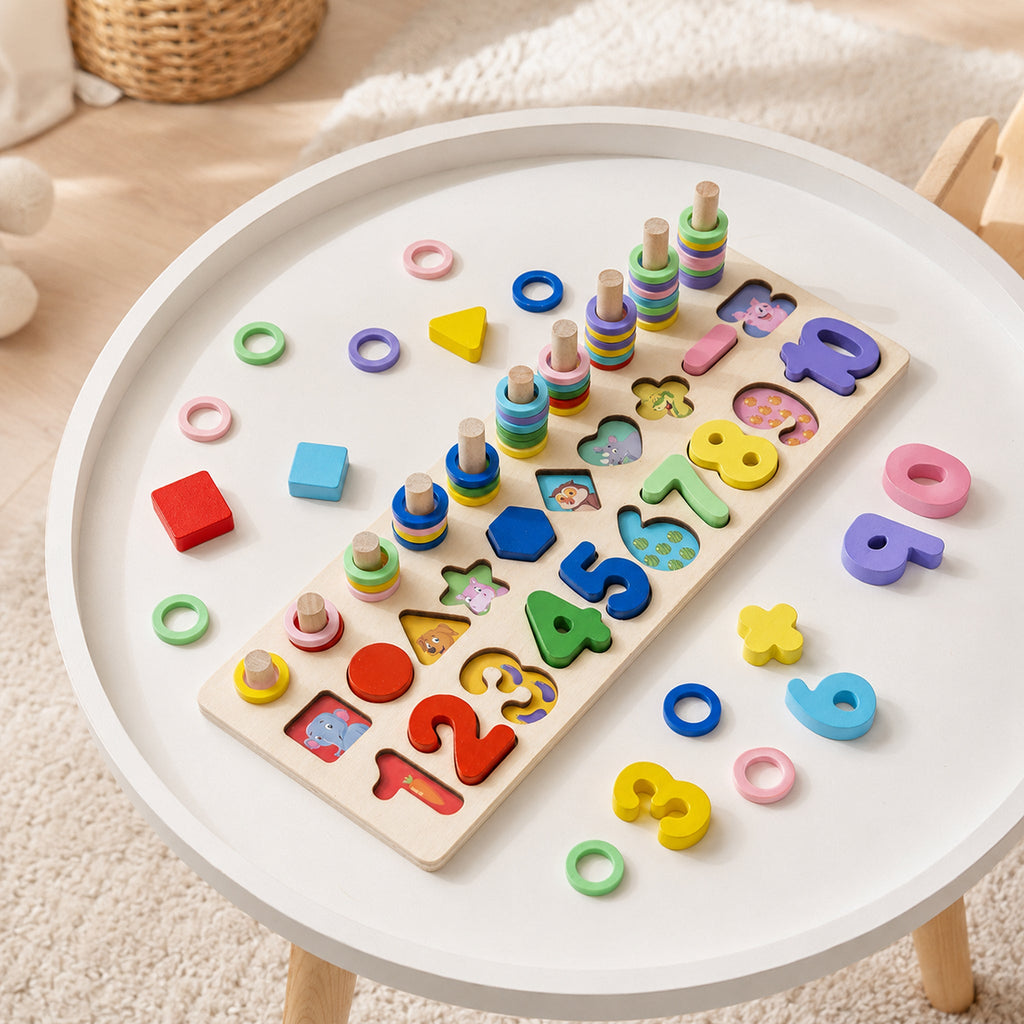 3-in-1 Wooden Matching Board – Colors, Numbers & Shapes Puzzle, elevated lifestyle view