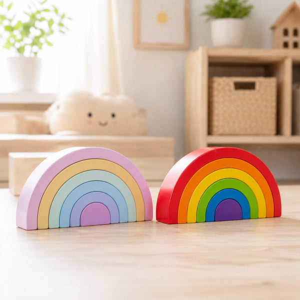Wooden Rainbow Stacking Blocks – Montessori Stacker Toy for Ages 2–4, opposite-angle lifestyle view