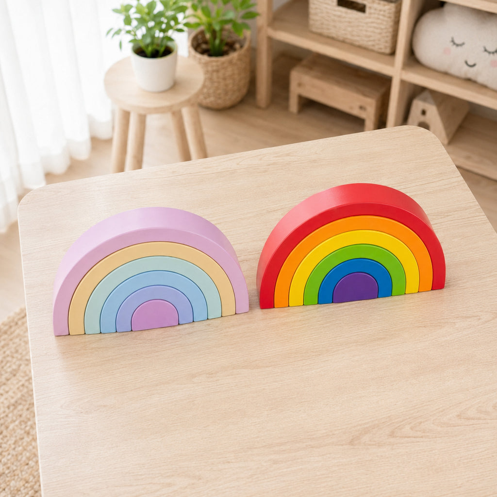 Wooden Rainbow Stacking Blocks – Montessori Stacker Toy for Ages 2–4, elevated lifestyle view