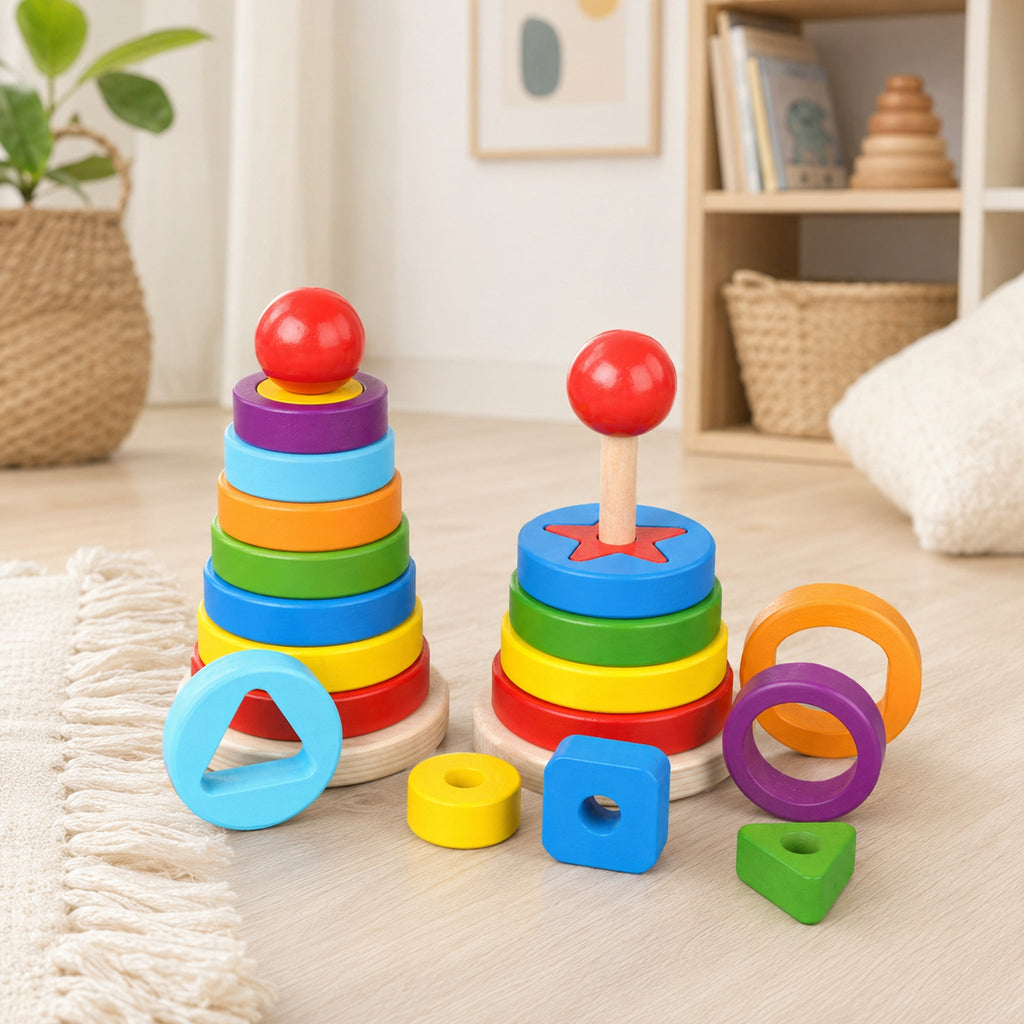 Double Rainbow Stacker – Small Wooden Nesting Arches, in a bright Scandinavian nursery